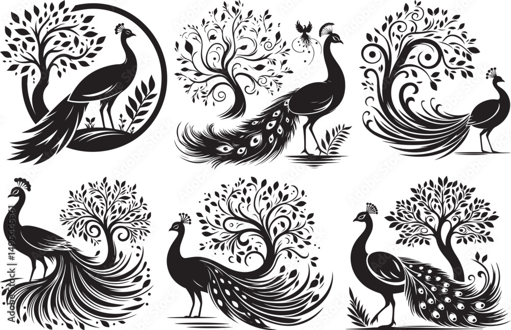 Fototapeta premium Elegant black peacocks with ornate trees and swirls
