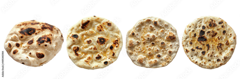 Assorted freshly baked flatbreads with varied textures and golden spots on a white background