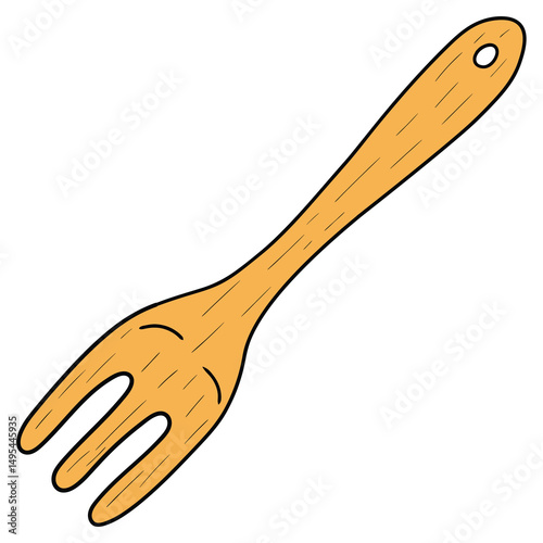 Hand drawn cartoon wooden fork on white background.