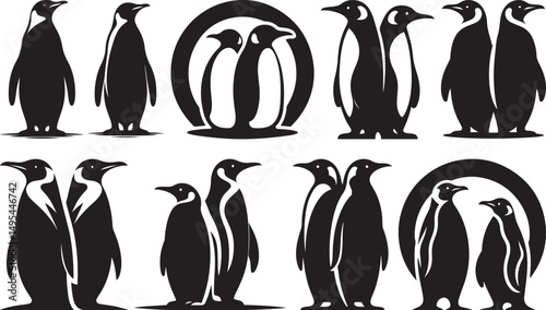 Silhouettes of penguins in various poses and groups