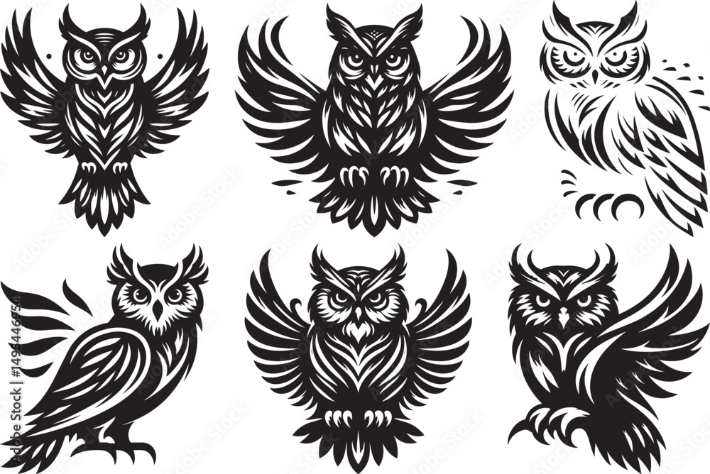 Obraz premium Six black and white owl illustrations tribal style wings