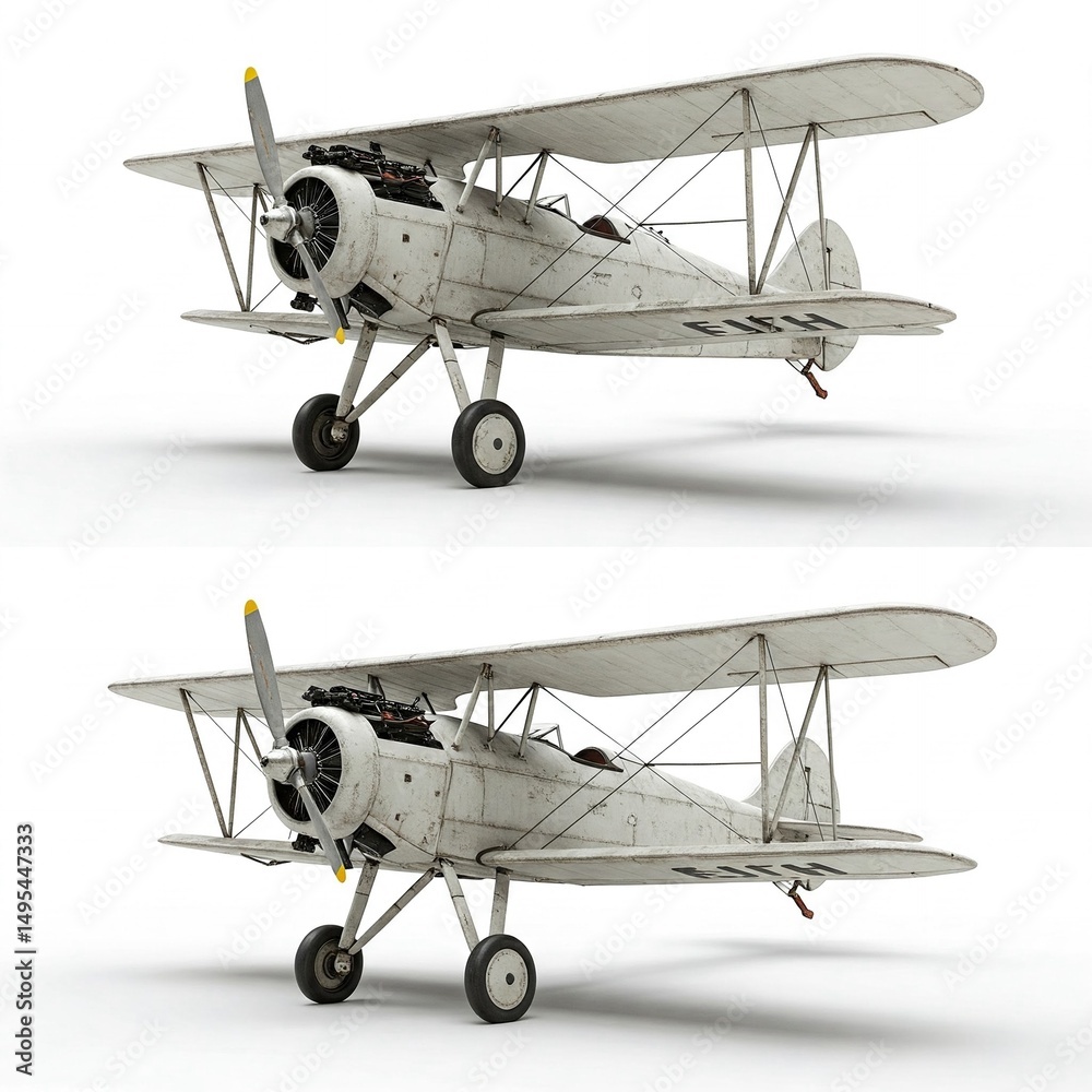 Fototapeta premium Vintage biplane aircraft detailed model on a white studio background