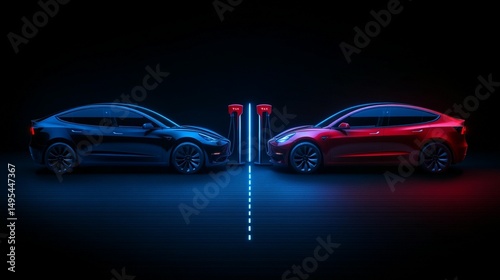 Electric cars charging at a station in a dark setting
