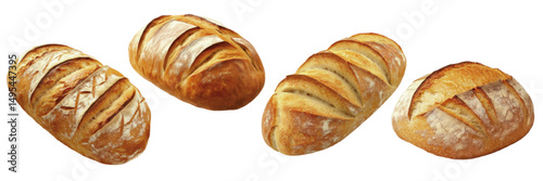 Freshly baked artisanal bread loaves arranged neatly on a white background showcasing their crusty surface and golden color