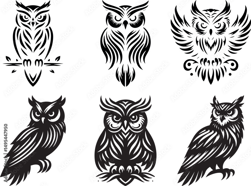 Obraz premium Six stylized black and white owl illustrations tribal art design