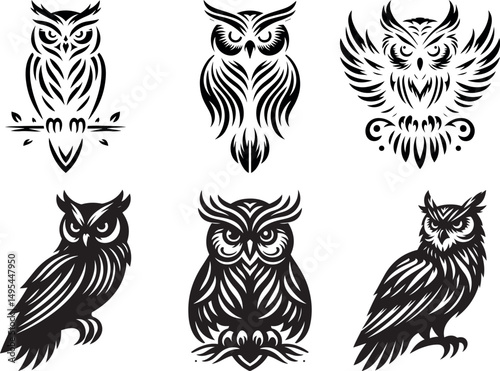 Six stylized black and white owl illustrations tribal art design