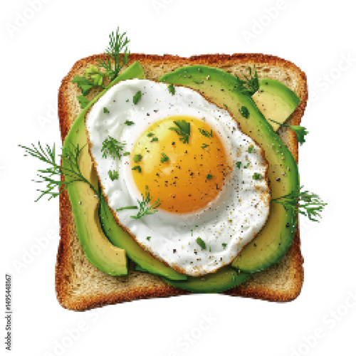 Toasted bread topped with fresh avocado slices and a fried egg, garnished with herbs on a white background
