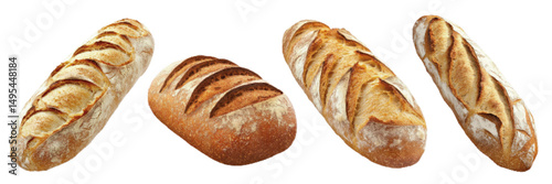 Freshly baked artisanal bread loaves arranged on a white background showcasing different textures and crust designs