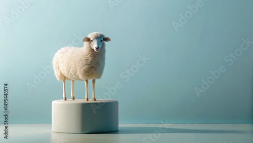 A fluffy white sheep stands majestically on a pale pedestal against a serene light blue backdrop.