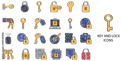 Key and Lock simple concept 24 hand drawn color icons set. Contains such key, lock, monitoring, network, padlock, pass, pass-code .Vector illustration.