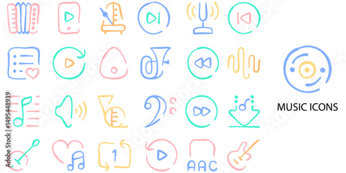 Music simple concept Flat 24 color icons set. Contains such guitar, drum, microphone .Vector illustration.