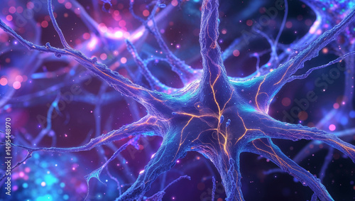 A close-up, vibrant visualization of a neuron, its intricate structure glowing with energy.