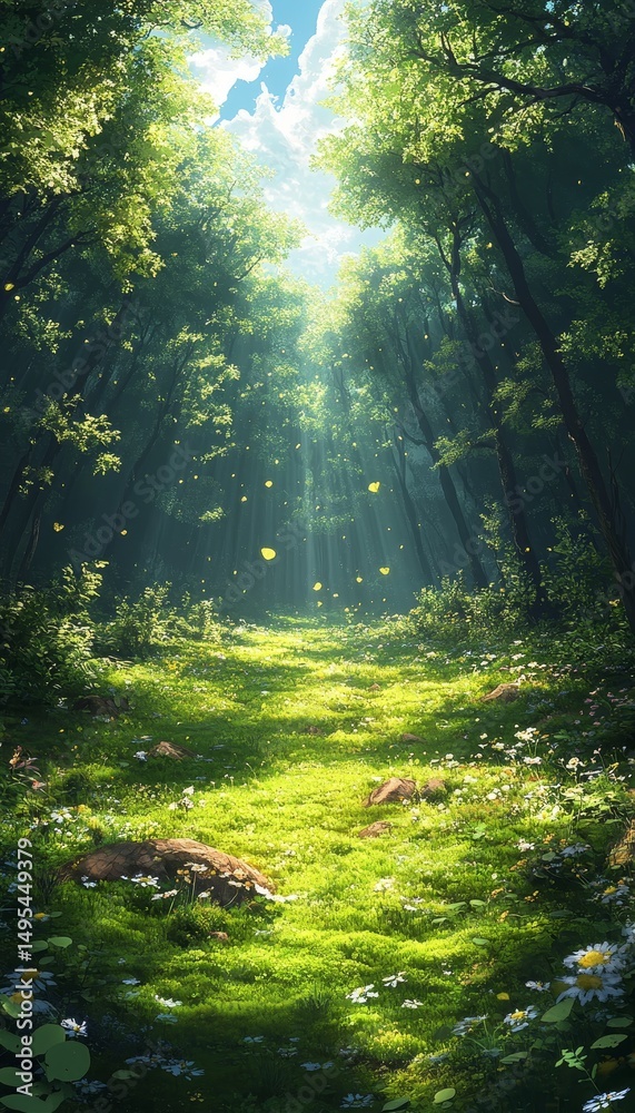 Obraz premium Sunlight Forest Path, Lush Greenery, Butterflies, Nature Background, Perfect for Spring Stock