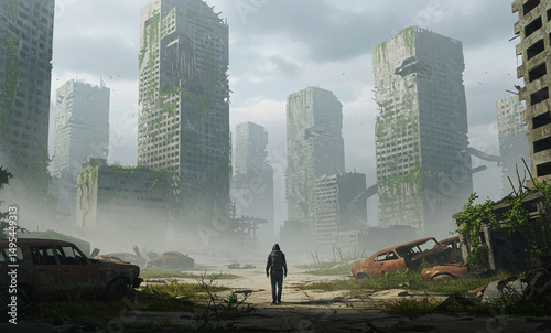 Post-Apocalyptic City with Cracked Road and Ruined Skyscrapers – Atmospheric illustration of urban decay, overgrown ruins, and abandoned vehicles under a cloudy sky.
