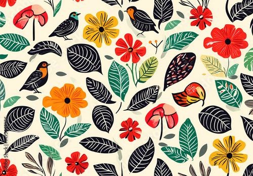 Wallpaper Mural Colorful Floral Pattern with Birds Torontodigital.ca