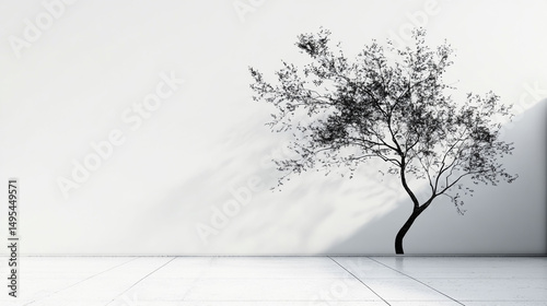 Black and white abstract background with a tree, hand-drawn on the wall, white floor, white background. photo