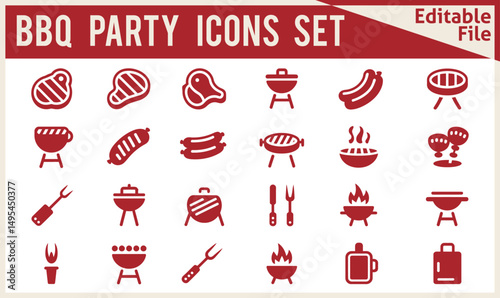  Modern BBQ Party Time Vector Icon Set Featuring Solid Style Symbols Including Barbecue Grill, Beef Steak, Grilled Chicken, and Sausage in Filled Pictogram Design