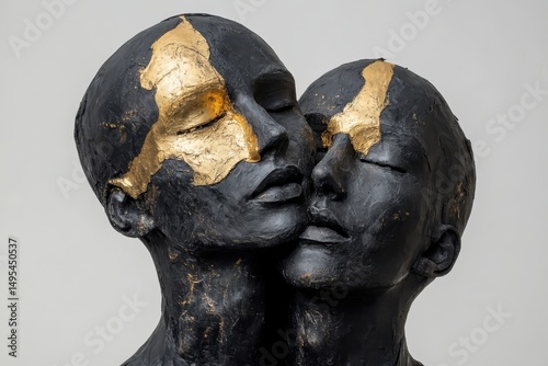 black and gold abstract sculpture of two heads