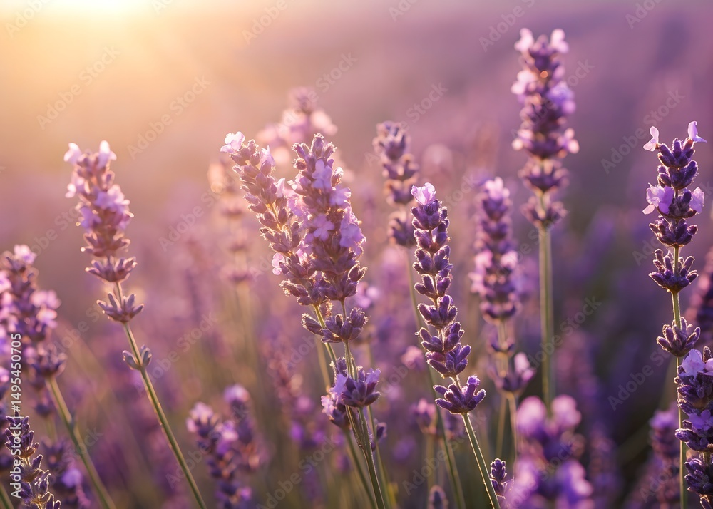 Fototapeta premium Close-up of vibrant purple lavender flowers in full bloom, bathed in sunlight , lilac, detail, aromatic