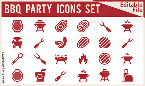 Modern BBQ Party Time Vector Icon Set Featuring Solid Style Symbols Including Barbecue Grill, Beef Steak, Grilled Chicken, and Sausage in Filled Pictogram Design