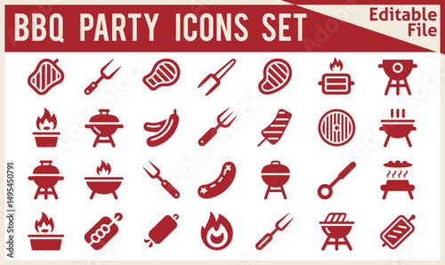  Modern BBQ Party Time Vector Icon Set Featuring Solid Style Symbols Including Barbecue Grill, Beef Steak, Grilled Chicken, and Sausage in Filled Pictogram Design