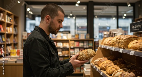 Man thoughtfully examines a loaf of artisanal bread in a cozy bookstore-bakery setting