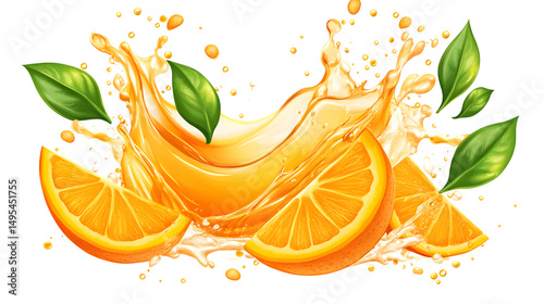 Vibrant Orange Juice Splash with Slices and Leaves on White Background