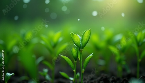 Emergence of new life: Fresh green sprouts reaching towards light in fertile soil