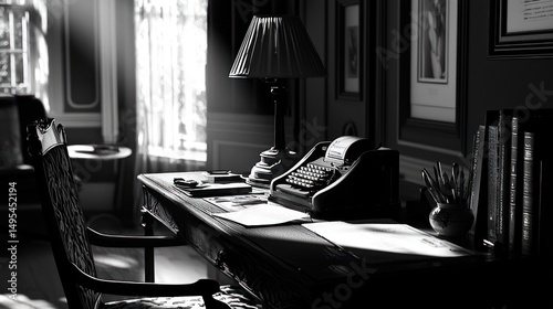 Monochrome Study: A Writer's Desk bathed in Sunlight