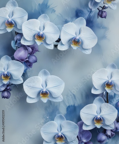 Delicate blue watercolor wash backdrop featuring vibrant Phalaenopsis orchids, native to the Philippines ,  wildlife,  tropical,  bright