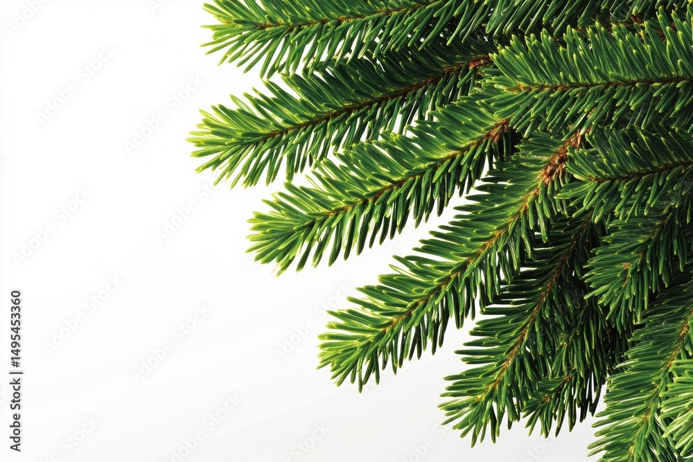 Naklejka premium Close-up view of green fir tree branches showing texture and detail against a light background during early winter season