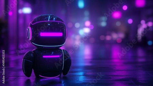Futuristic robot on a city street at night