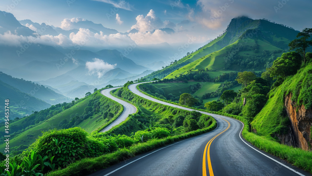 Fototapeta premium A winding road ascends through verdant hills, leading to stunning mountain views under a blue sky.