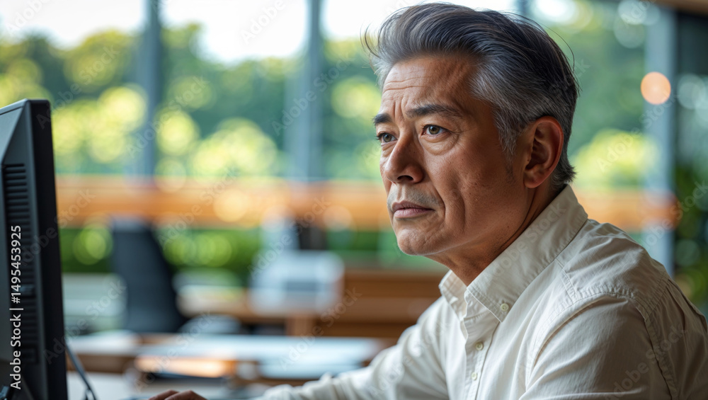 Obraz premium Asian executive with gray hair working at his computer in a modern bright office setting.