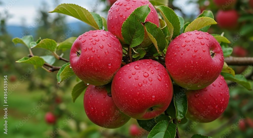 Obraz premium Fresh Red Apples on Branch in Orchard Healthy Fruit Harvest with Dew Drops Organic Agriculture Natural Food Growing Season