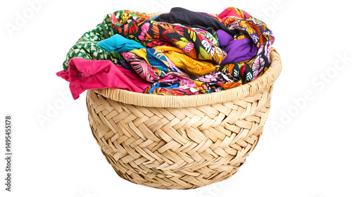 Colorful Laundry Basket Full of Clothes Isolated on Transparent Background