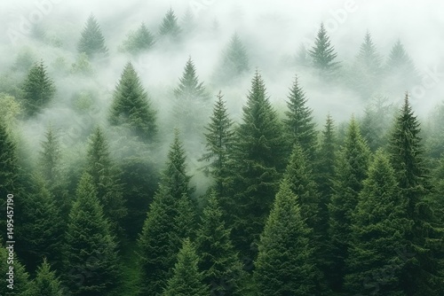 Foggy coniferous forest, top view