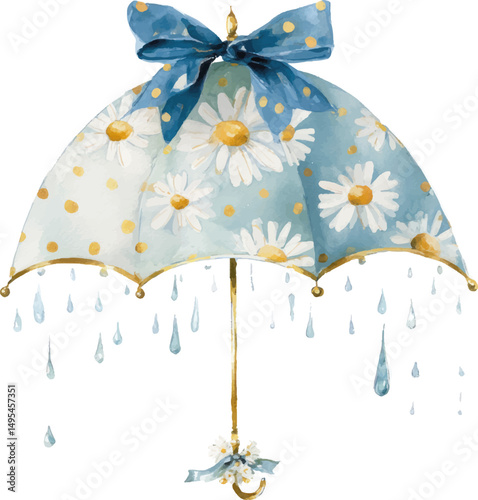 
A watercolor illustration of an umbrella with white daisies, a blue bow on top