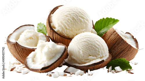 Delicious Coconut Ice Cream Scoop on White Background