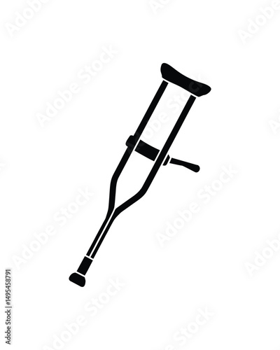 Single Black Crutch Illustration for Mobility Assistance and PostInjury Support Depicted on White
