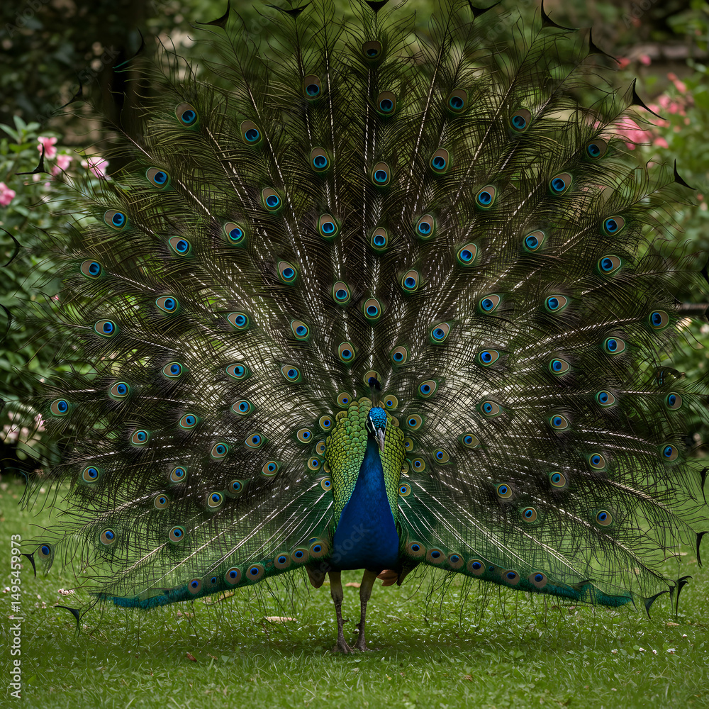 Obraz premium Peacock Displaying Feathers in Garden