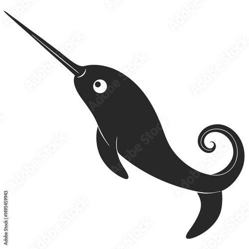 Narwhal silhouette with long spiraled tusk