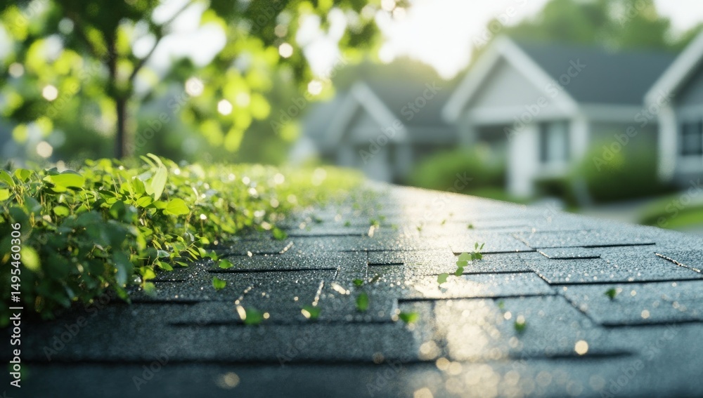 Fototapeta premium Tranquil Suburban Morning: Roof Greenery and Sunlit Shingles