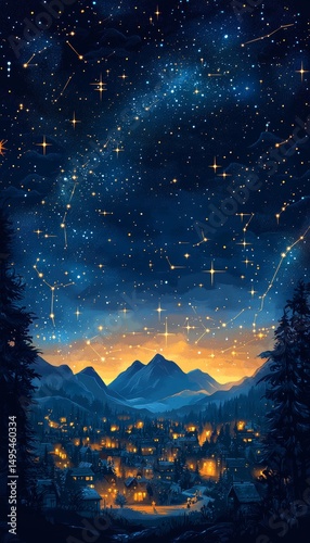 Night Village Mountain Stars Artwork