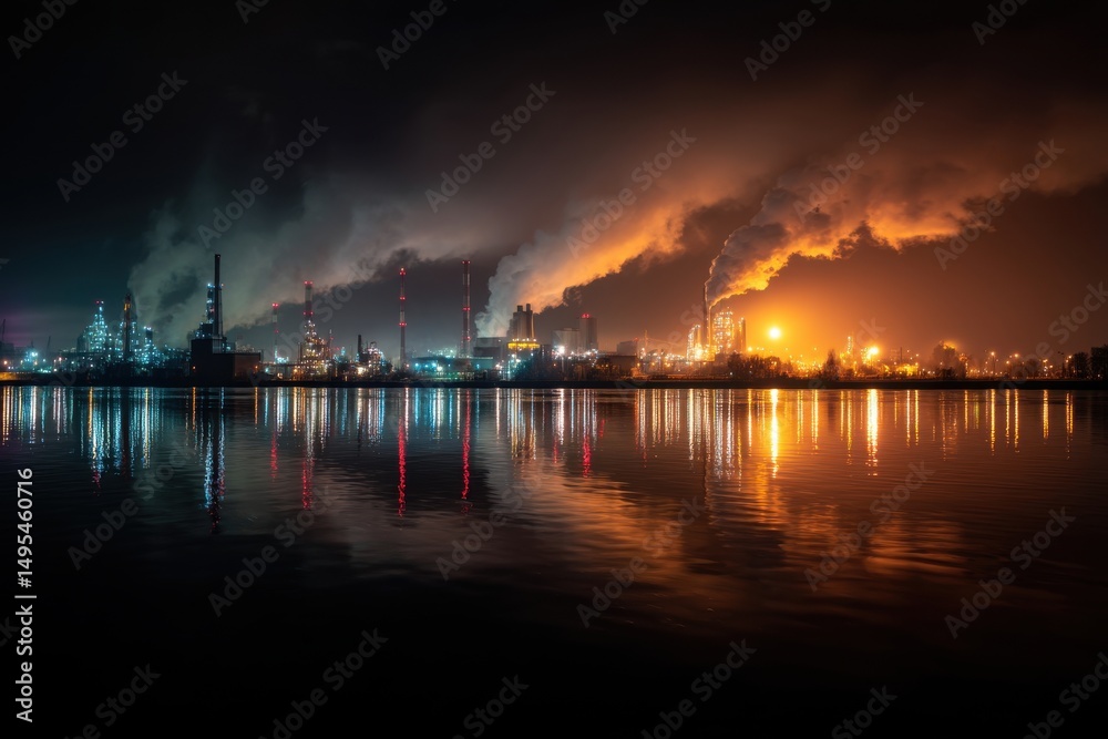 Fototapeta premium An industrial night view with factory lights illuminating the skyline