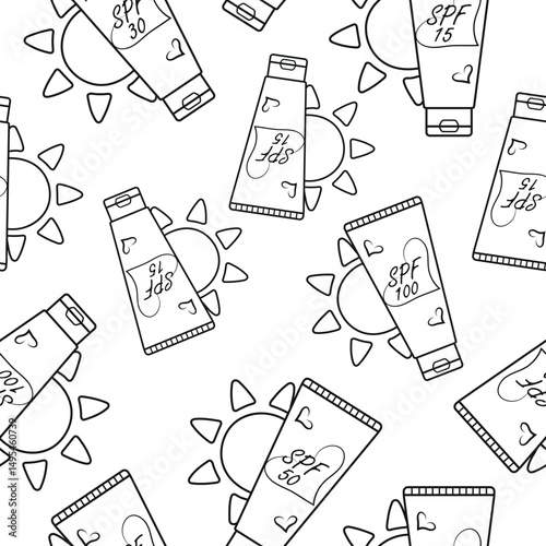seamless pattern with icons of a classic vertical tube of sunscreen with a sun on the side in line art style, for summer designs