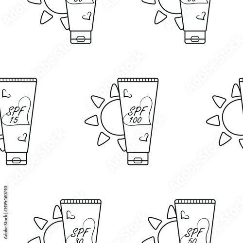pattern with icons of a classic vertical tube of sunscreen with a sun on the side in line art style, for summer designs