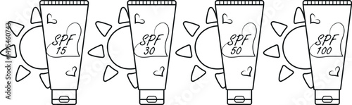 icons of a classic vertical tube with sunscreen and a sun on the side in line art style, for summer designs