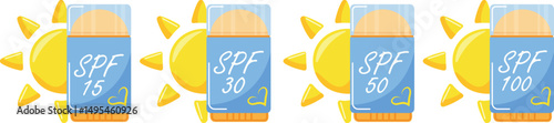 icons of a sunscreen stick in the shape of a deodorant for sun protection and a sun on the side, for summer designs
