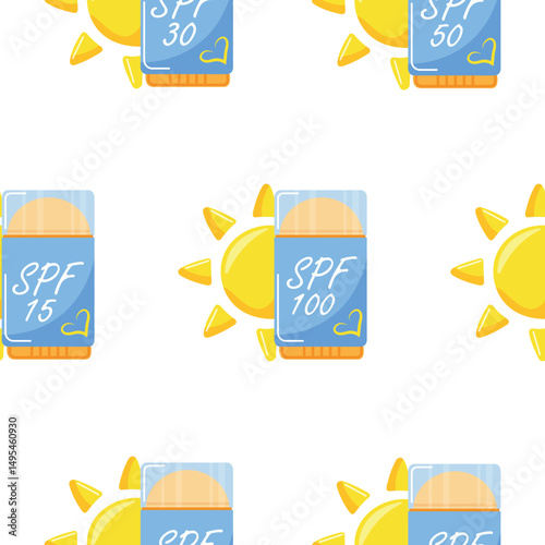 pattern with icons of a sunscreen stick in the shape of a deodorant for sun protection and a sun on the side, for summer designs